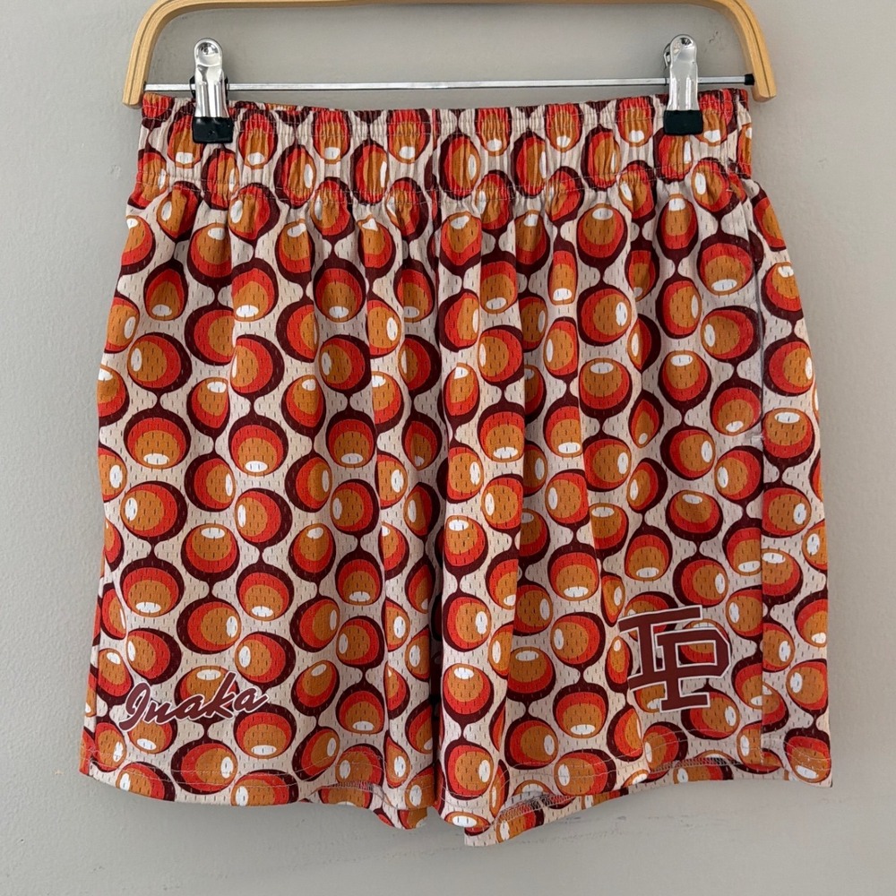Inaka Power Mens XL Mesh Gym Shorts Orange Red Retro Geometric Circle Pattern